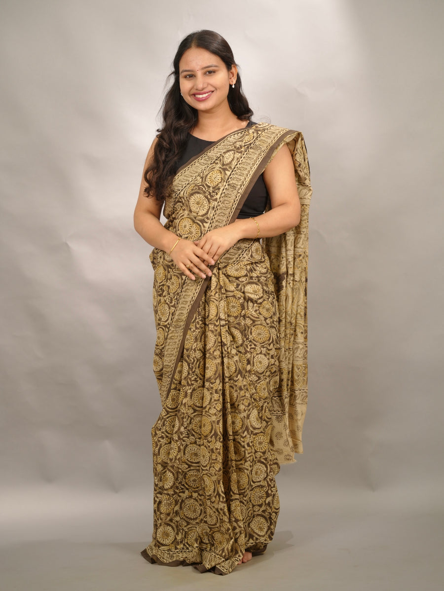 Mehendi Green Hand Block Printed Kalamkari Cotton Saree | Looms & Tassels