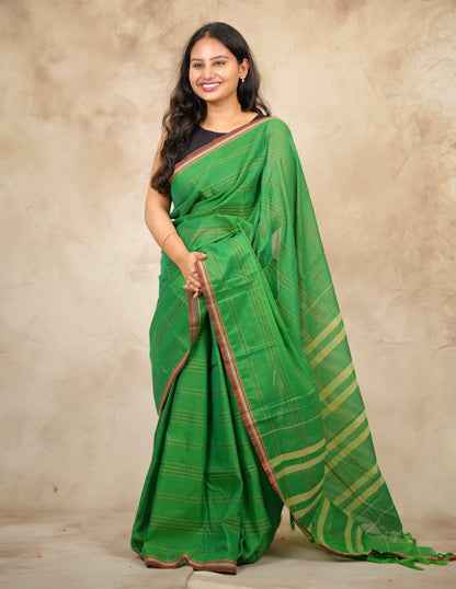 Parrot Green Narayanpet Cotton Saree lines weaving | Looms & Tassels