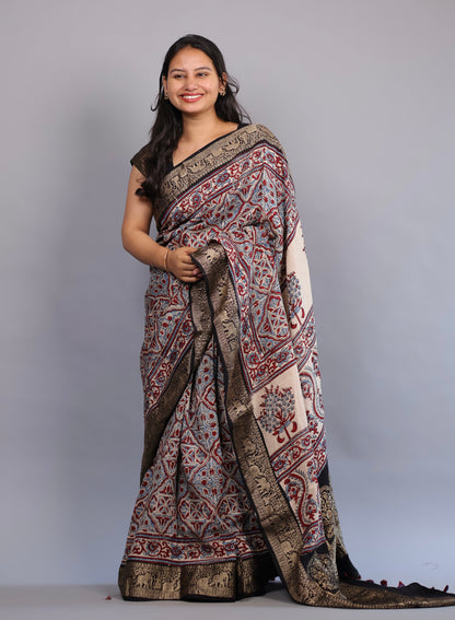 Cream Geometrical & Floral Ajrakh Motifs Handblock printed Dola Silk Saree | Looms & Tassels
