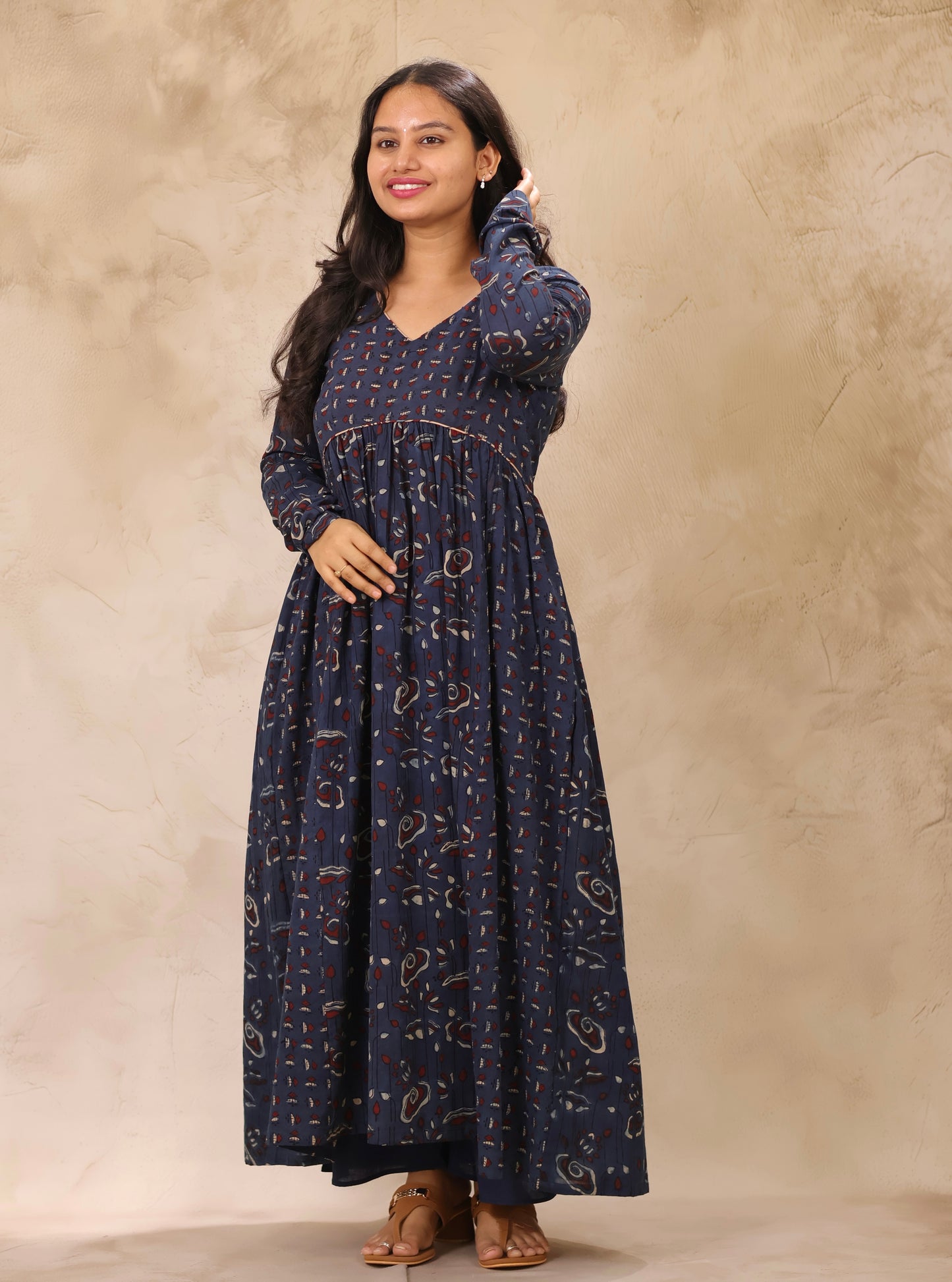 Indigo Ajrakh Hand Block Printed Pure Mul Cotton Aline Kurta | Looms & Tassels
