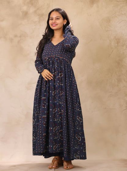 Indigo Ajrakh Hand Block Printed Pure Mul Cotton Aline Kurta | Looms & Tassels