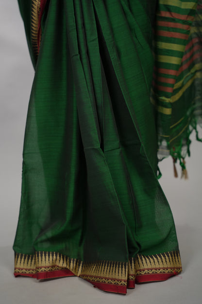 Bottle Green Narayanpet Cotton Saree With Temple Border | Looms & Tassels