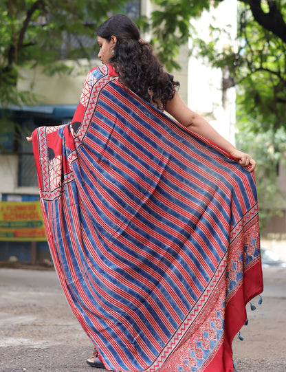 Red Ajrakh Modal Silk Saree