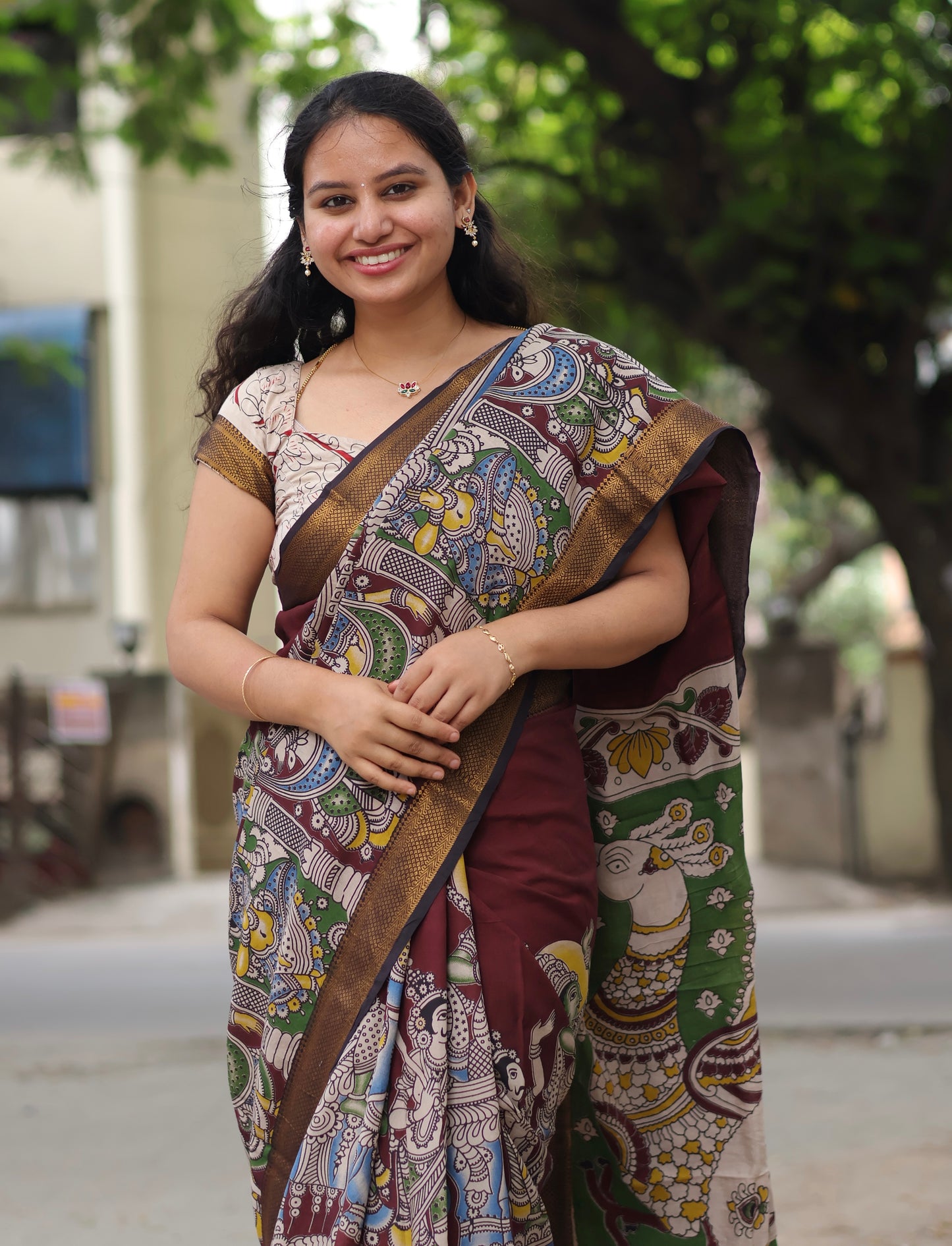 Brown Nizam Border Kalamkari Silk Saree
