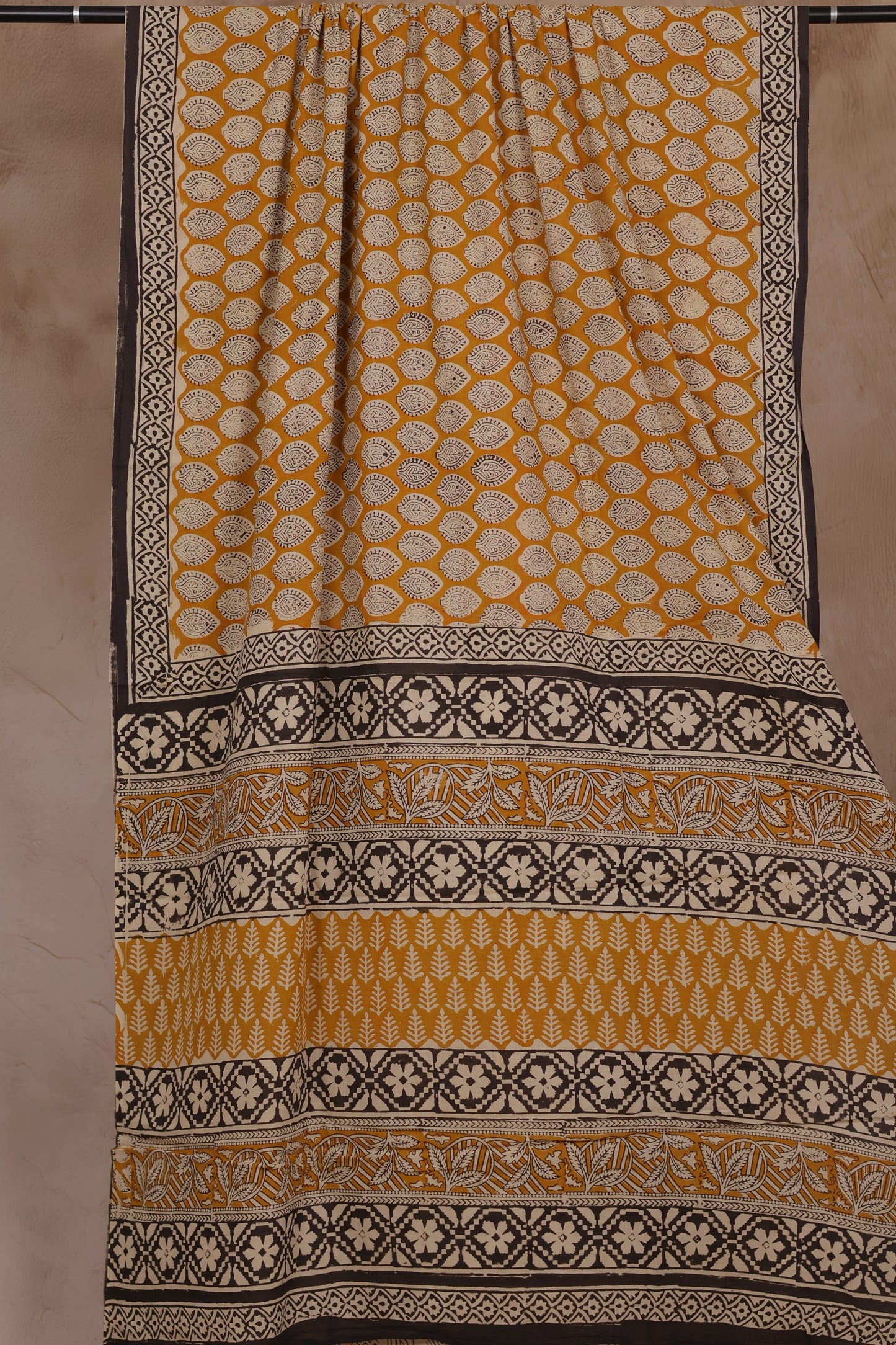 Mustard Yellow Bagru Handblock printed MulMul cotton saree | Looms & Tassels