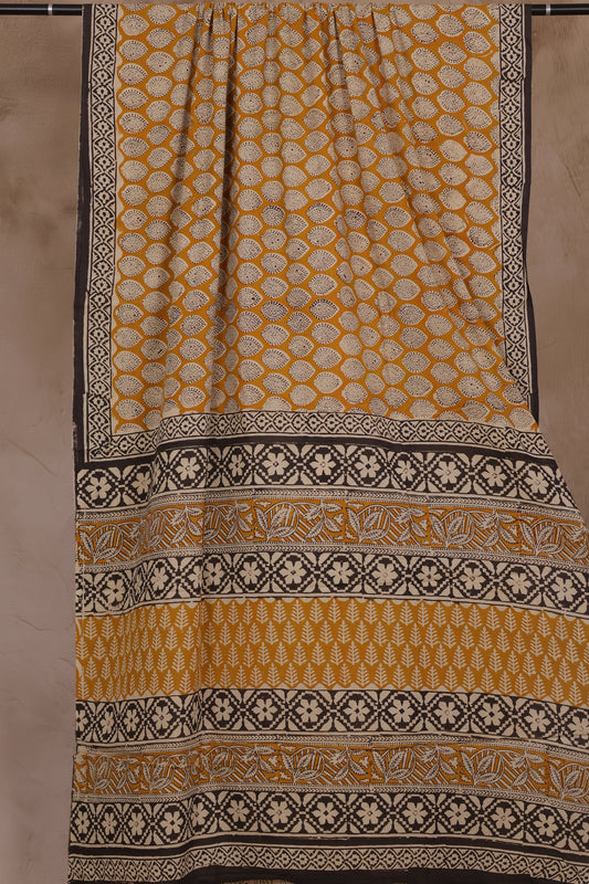 Mustard Yellow Bagru Handblock printed MulMul cotton saree | Looms & Tassels