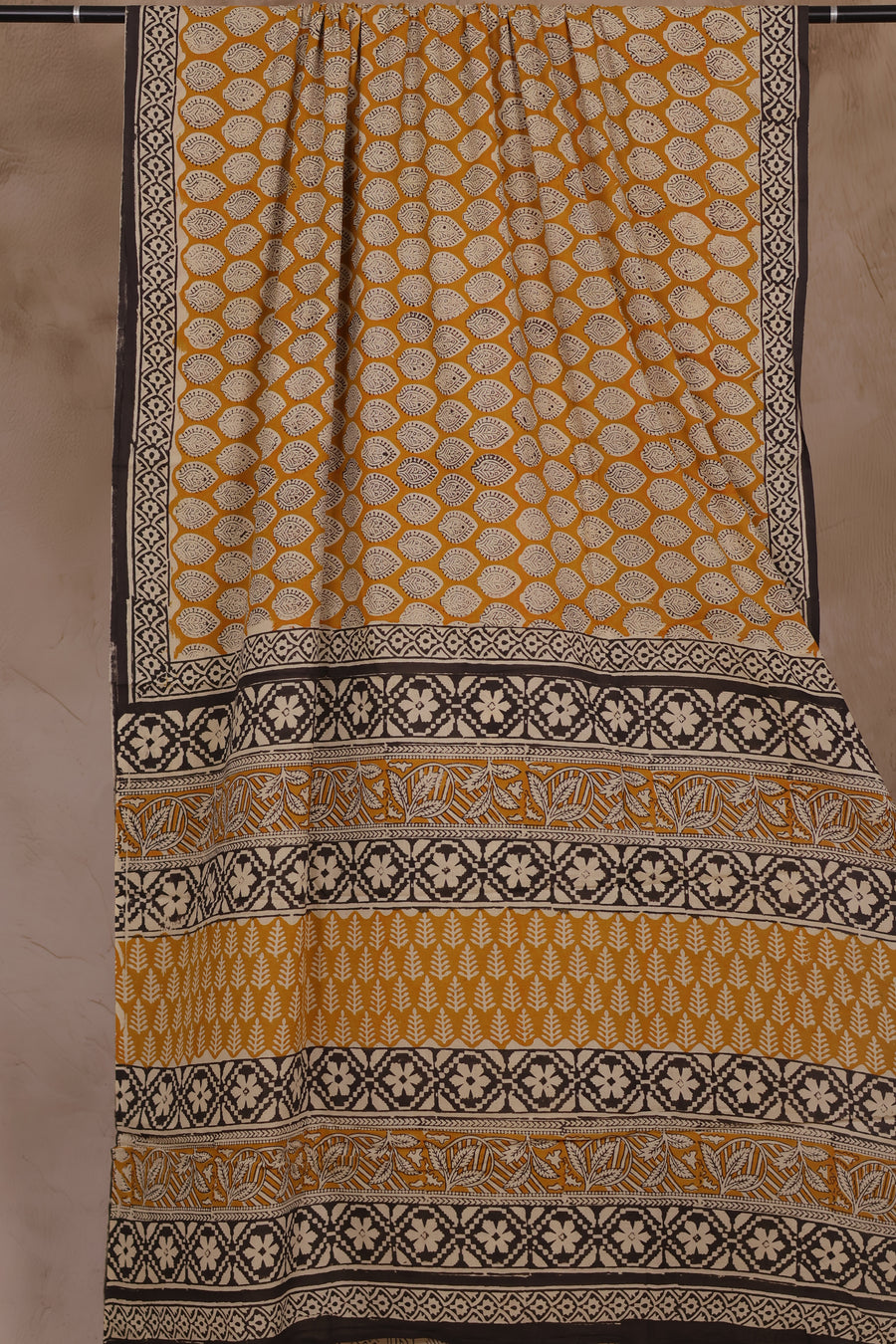 Mustard Yellow Bagru Handblock printed MulMul cotton saree | Looms & Tassels