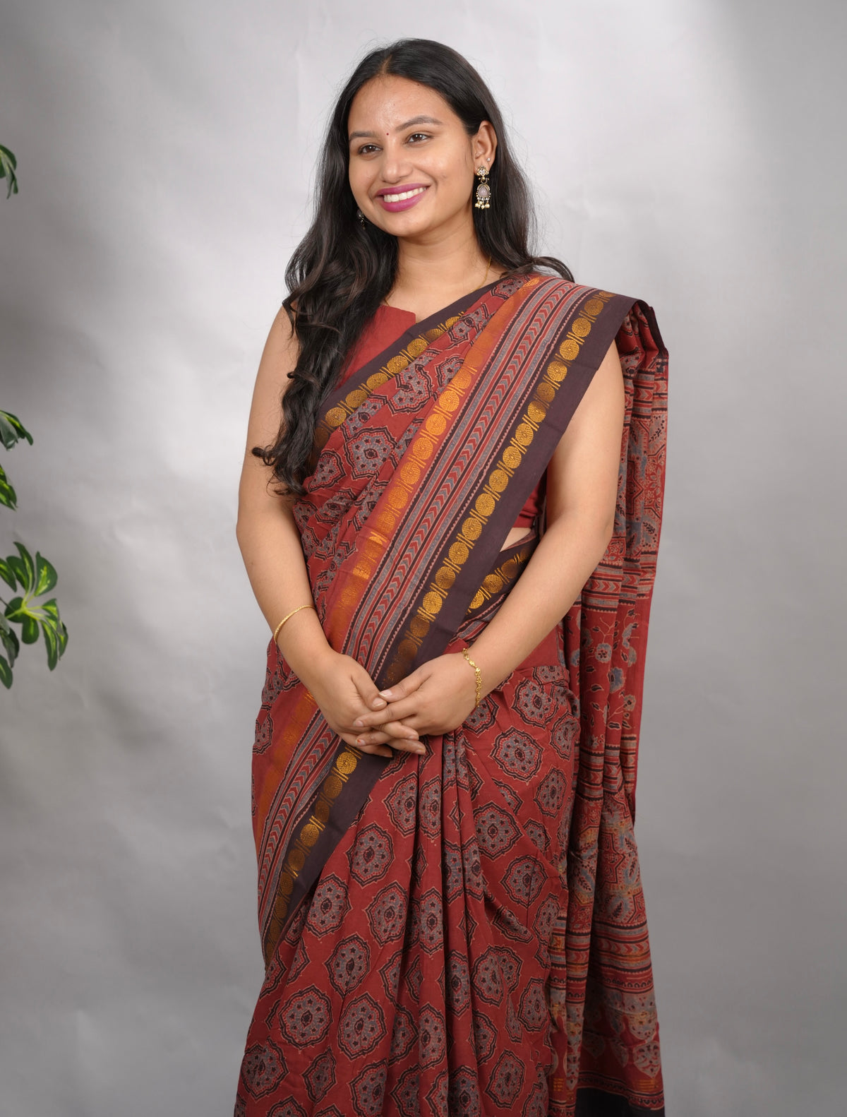 Maroon Ajrakh Hand Block Printed Sungudi Cotton Saree | Looms & Tassels