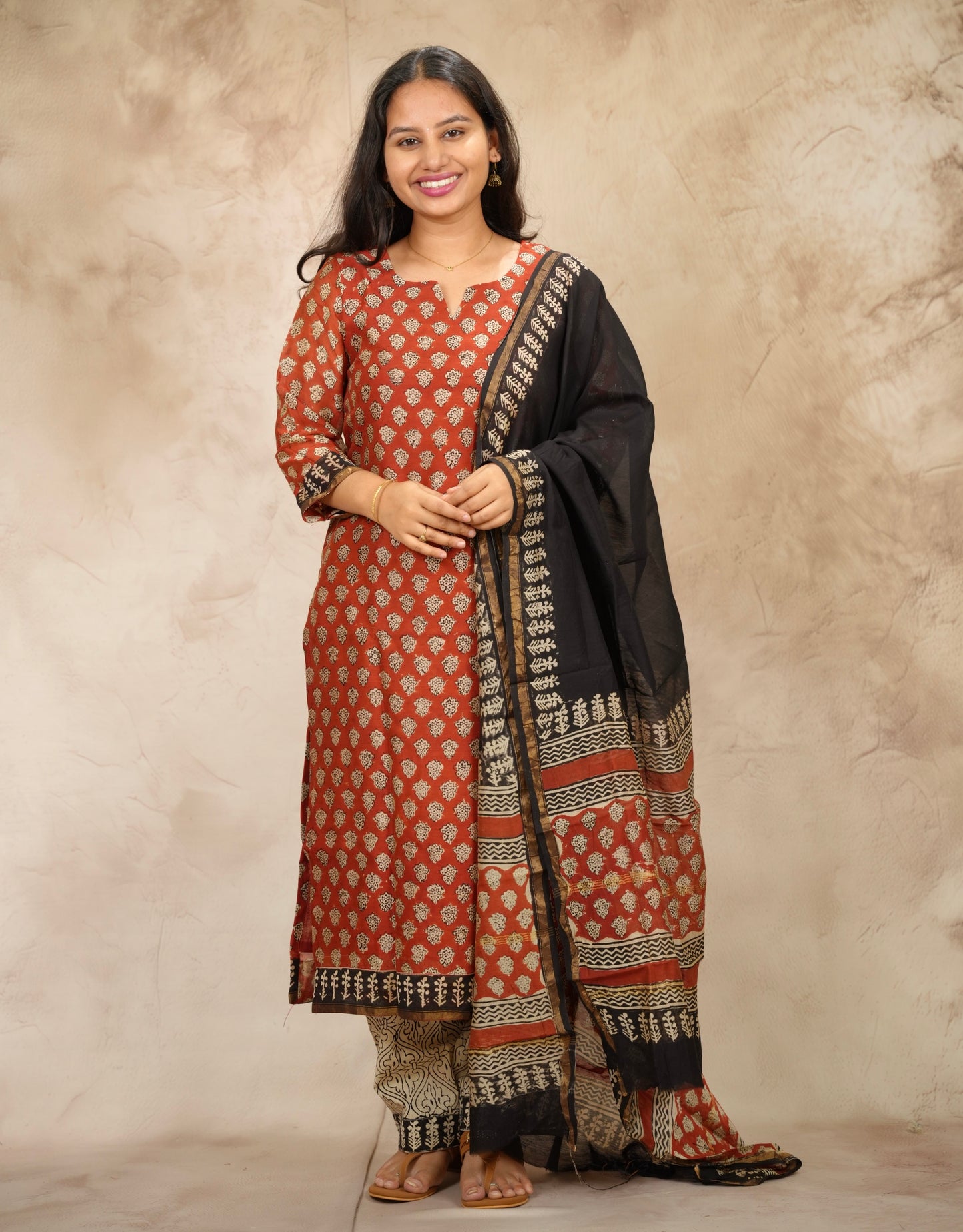 Maroon Handblock printed Pure Chenderi Silk 3 piece suit (stitched) | Looms & Tassels