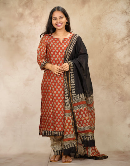 Maroon Handblock printed Pure Chenderi Silk 3 piece suit (stitched) | Looms & Tassels