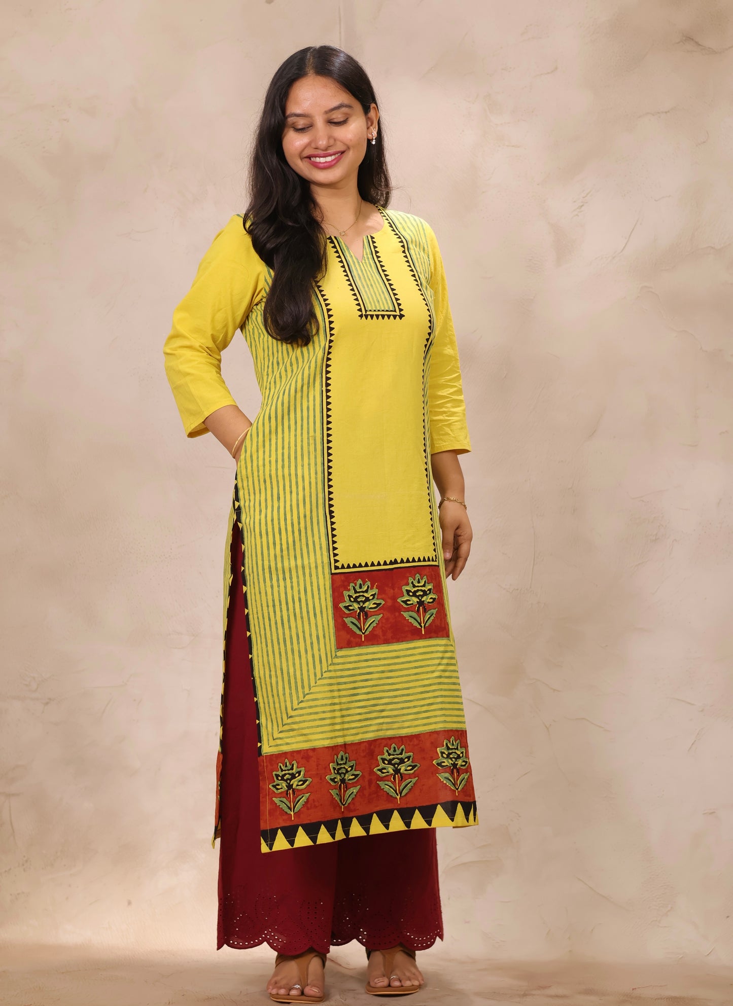 Yellow Pattern Ajrakh Hand Block Cotton printed Kurti | Looms & Tassels