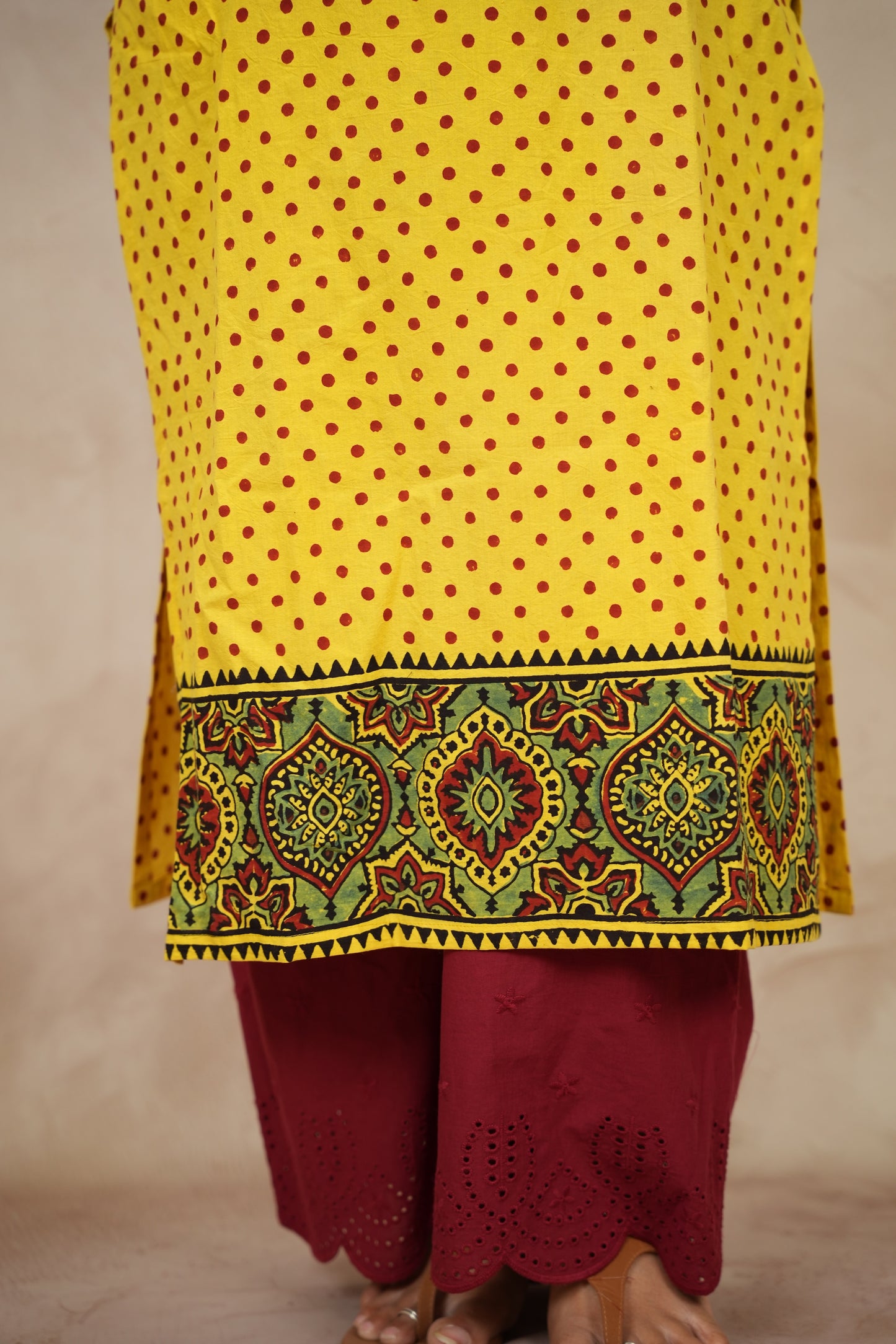 Yellow Ajrakh Pattern Hand Block printed Kurti | Looms & Tassels