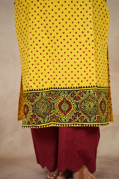 Yellow Ajrakh Pattern Hand Block printed Kurti | Looms & Tassels
