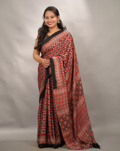 Maroon Authentic Ajrakh Handblock Printed Modal Silk Saree | Looms & Tassels