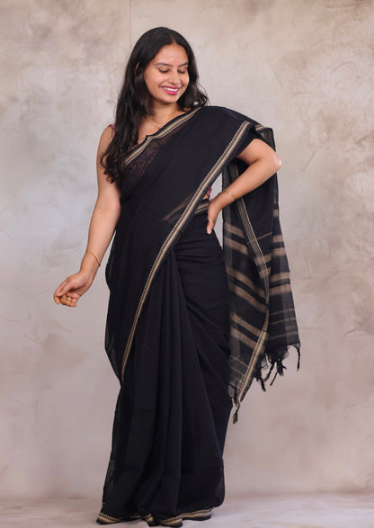 Black Narayanpet Cotton Saree | Looms & Tassels
