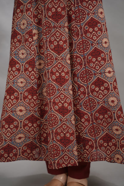 Maroon Ajrakh Cotton Kali Kurta | Looms & Tassels