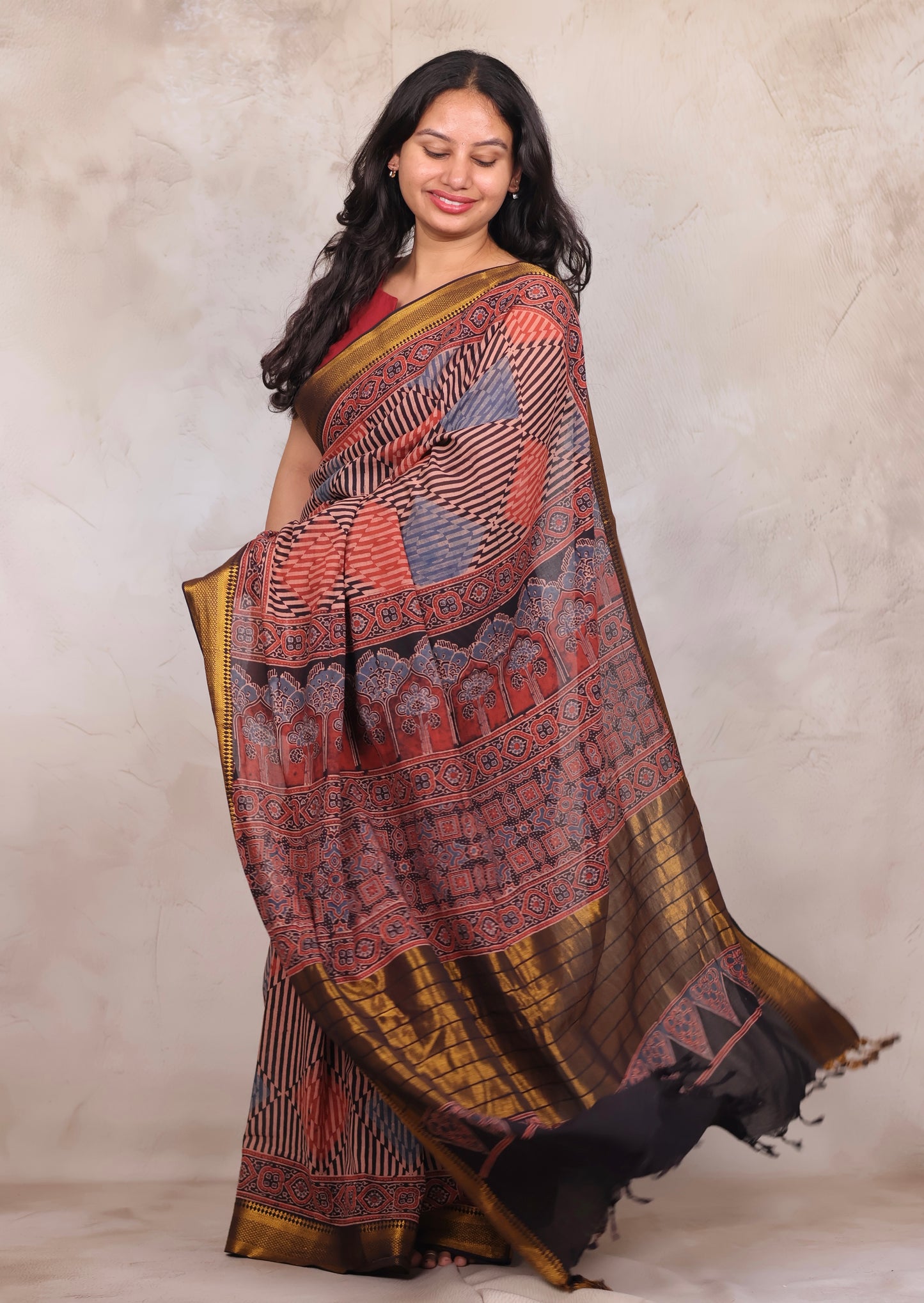 Ajrakh Hand Block Printed Mangalagiri Cotton Saree | Looms & Tassels