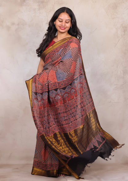 Ajrakh Hand Block Printed Mangalagiri Cotton Saree | Looms & Tassels