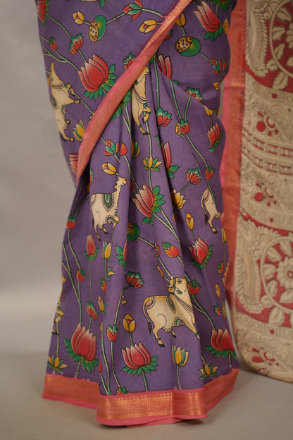 Lavender Kalamkari Nizam Border Chennur Silk Saree | Looms & Tassels