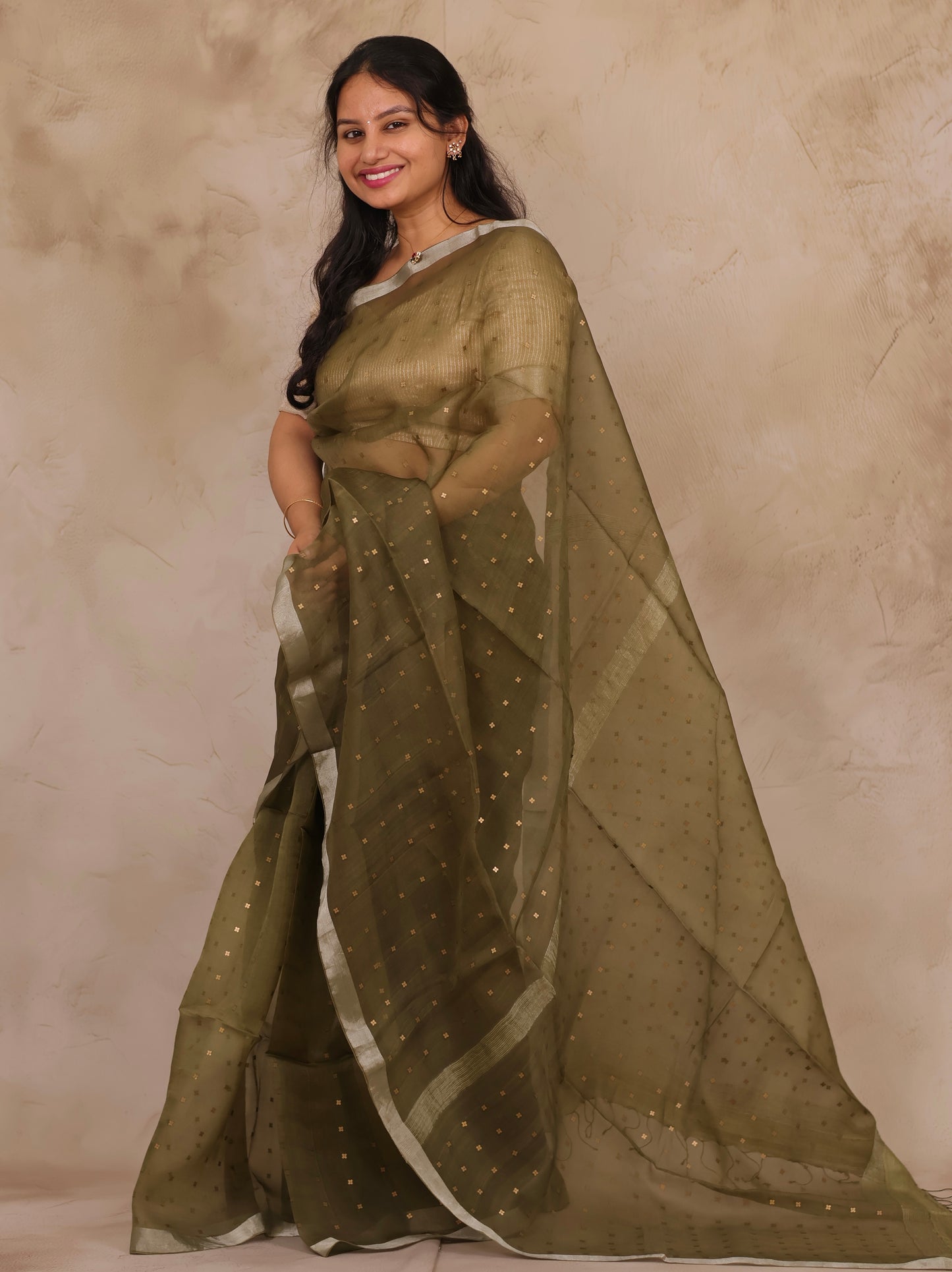 Olive Green Handwoven Muslin Silk Saree With Sequence Work | Looms & Tassels