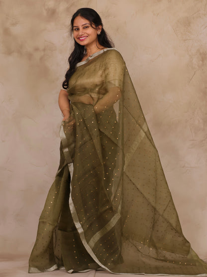 Olive Green Handwoven Muslin Silk Saree With Sequence Work | Looms & Tassels