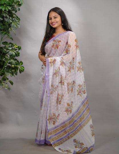 White & Lavender Hand Block Printed chiffon Saree| Looms & Tassels
