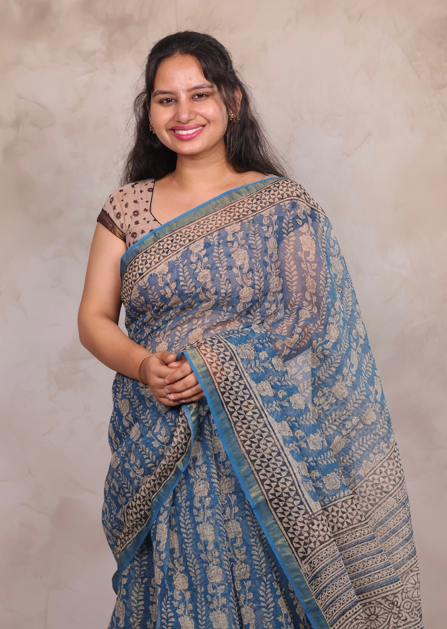 Teal Blue Pure Kota Doria Saree with Bagru Handblock Prints | Looms & Tassels