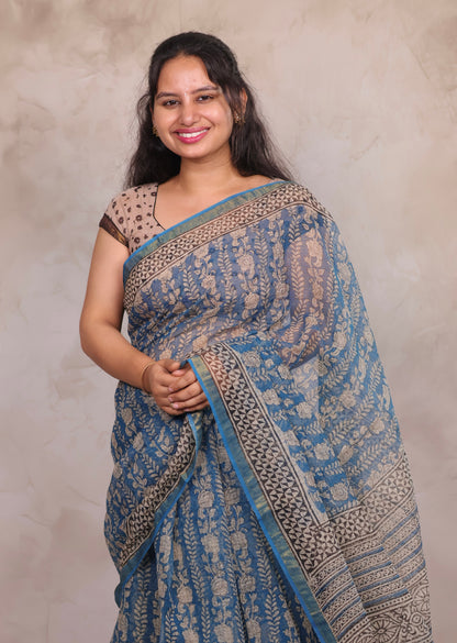 Teal Blue Pure Kota Doria Saree with Bagru Handblock Prints | Looms & Tassels