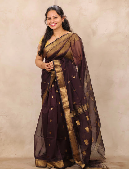 Chocolate Brown Handloom Maheswari Silk Cotton Sarees | Looms & Tassels
