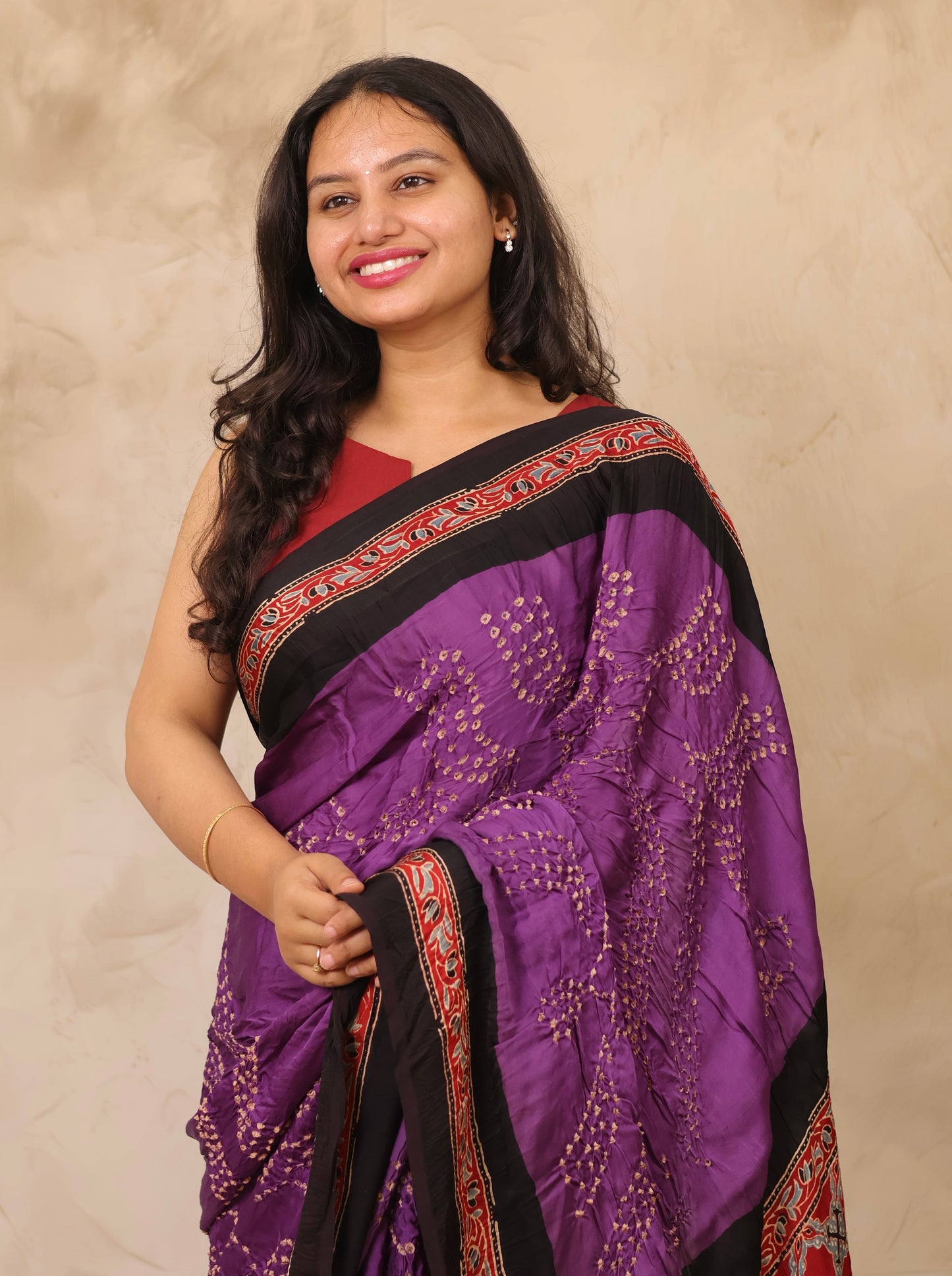 Violet Hand Knotted Bandhej Arakh Modal Silk Saree with Lagdi Pallu | Looms & Tassels