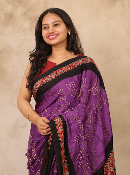 Violet Hand Knotted Bandhej Arakh Modal Silk Saree with Lagdi Pallu | Looms & Tassels