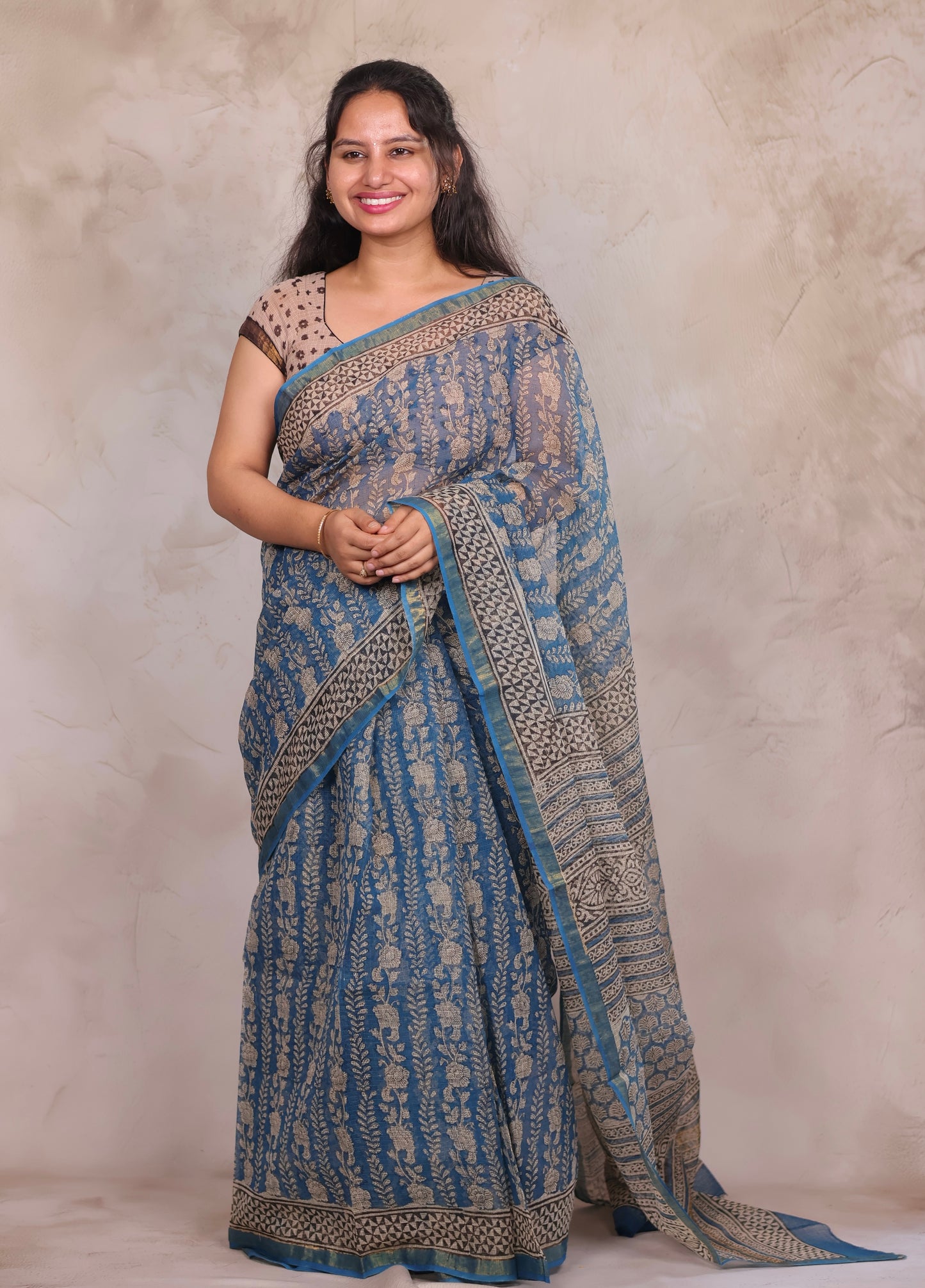 Teal Blue Pure Kota Doria Saree with Bagru Handblock Prints | Looms & Tassels
