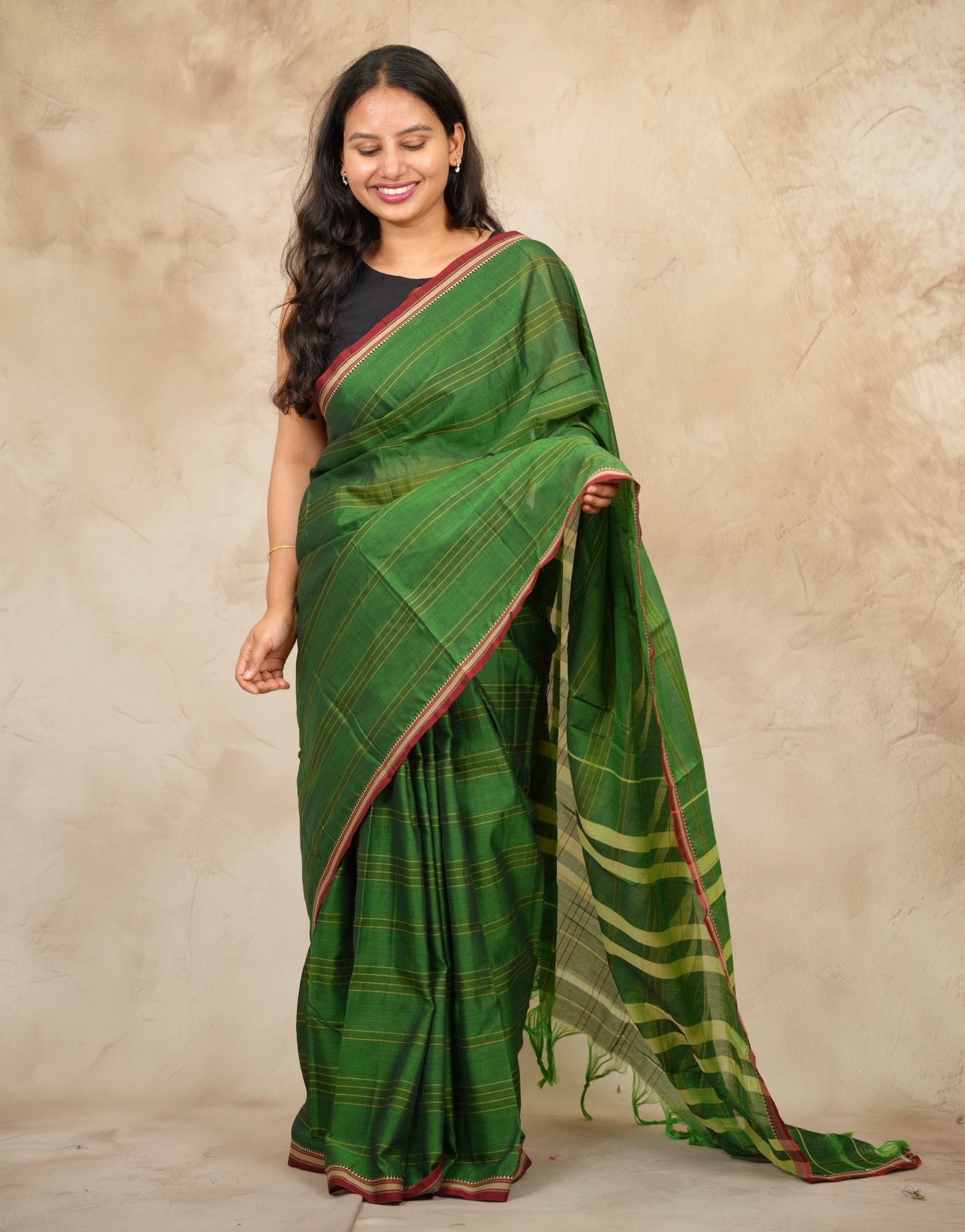 Green Narayanpet Cotton Saree lines weaving | Looms & Tassels