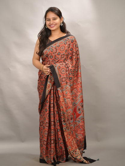 Red Authentic Ajrakh Handblock Printed Modal Silk Saree | Looms & Tassels