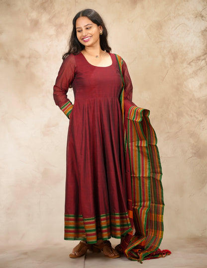Maroon Narayanpet Cotton Anarkali Dress with Narayanpet Dupatta | Looms & Tassels