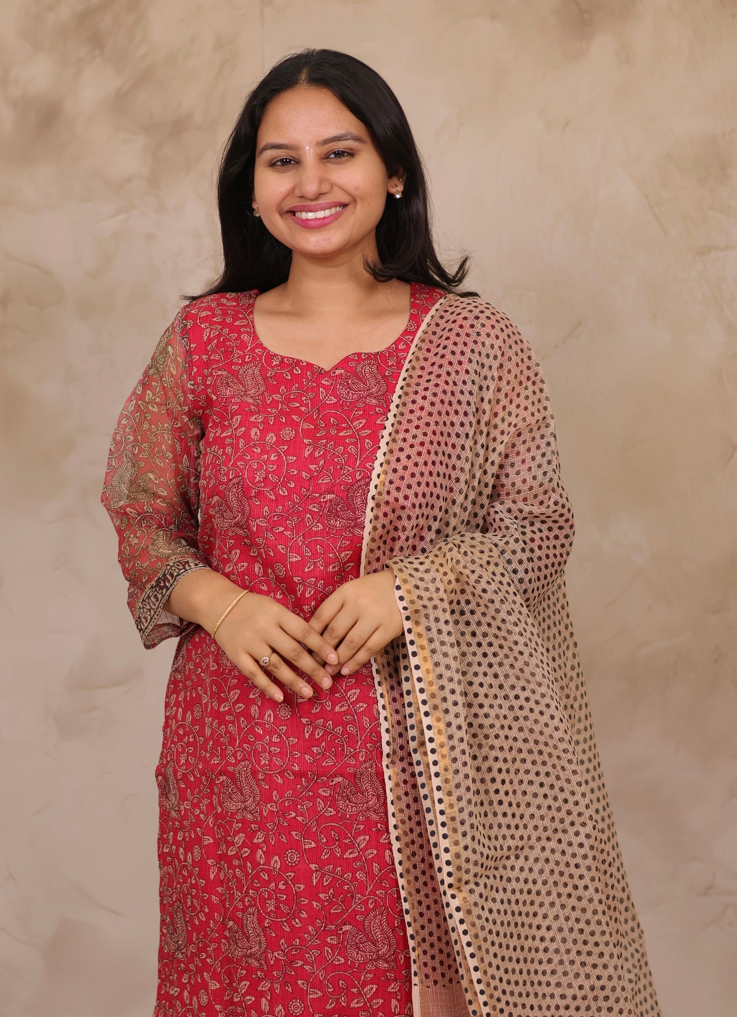 Pink Handblock printed kota 3 piece suit (stitched)