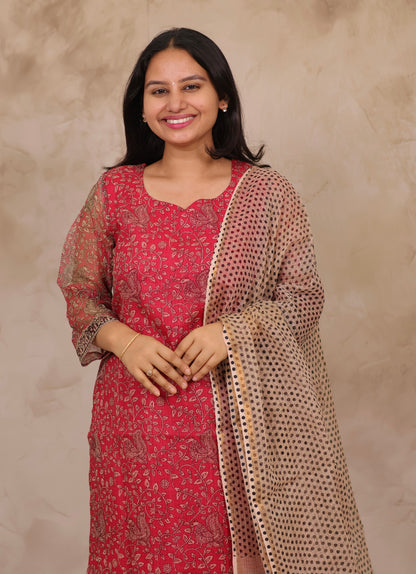 Pink Handblock printed kota 3 piece suit (stitched)