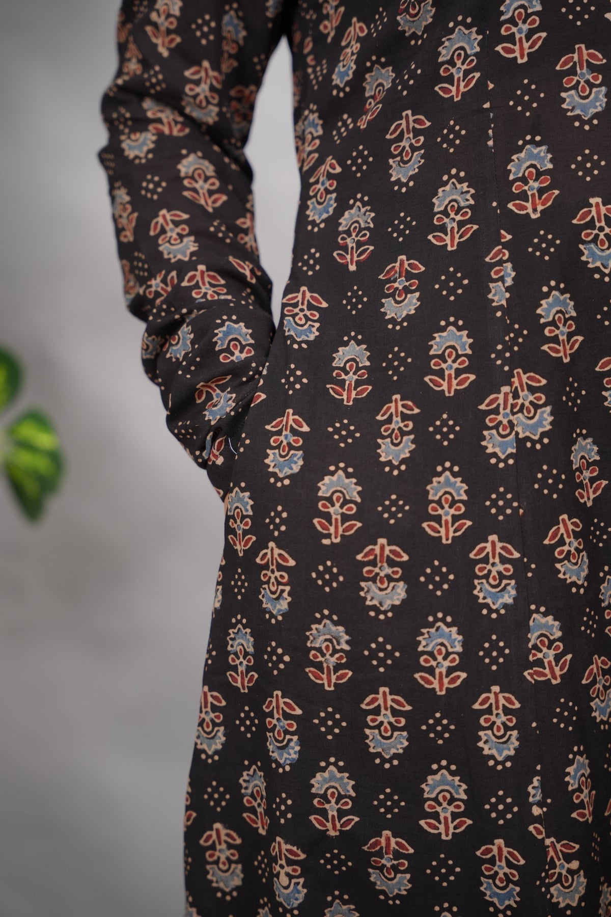 Black Ajrakh Handblock Printed Kali Kurta with Chudi Sleeves