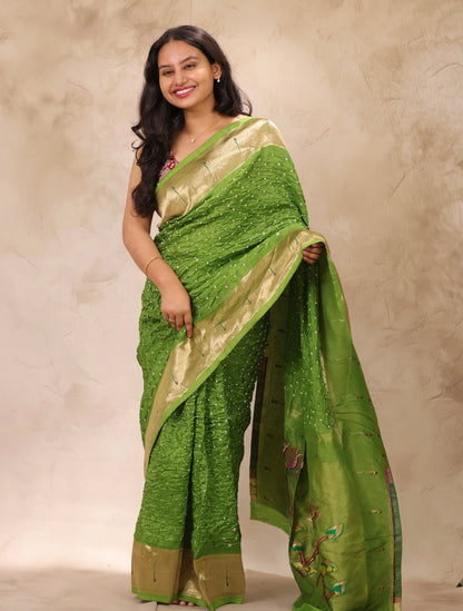 Green Handcrafted Bandhani Paithani Dola Silk Saree | Looms & Tassels