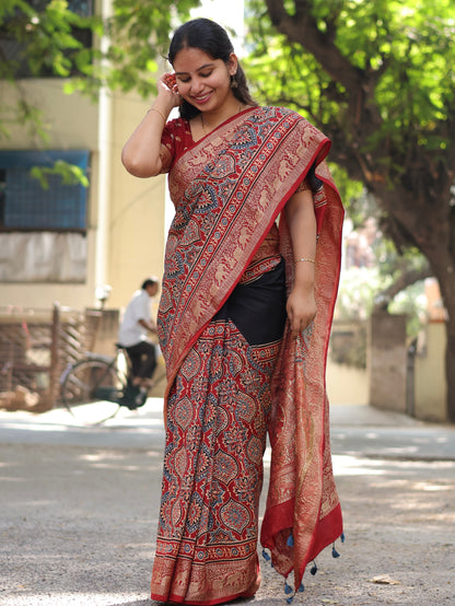 Black & Red Ajrakh Dola Silk Saree