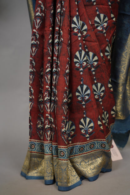 Ajrakh Dola Silk Saree - Brick Red | Looms & Tassels