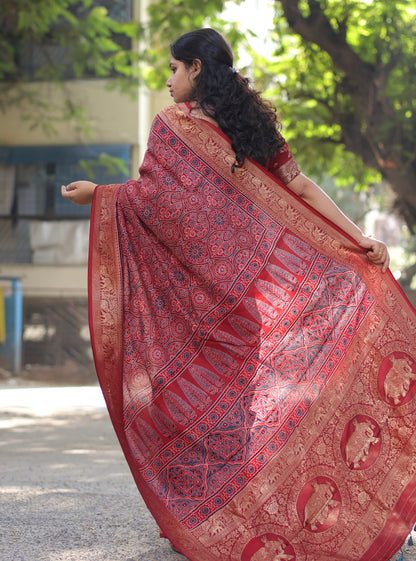 Maroon Traditional Ajrakh Dola Silk Saree