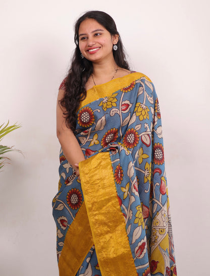 Sky Blue Kanchi border Kalamkari chennur silk saree