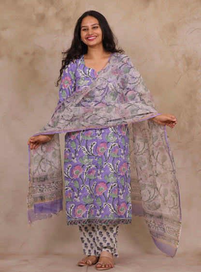 Lavender Handblock printed Pure Mul Cotton with Kota Doria Duppata 3 piece suit (stitched)