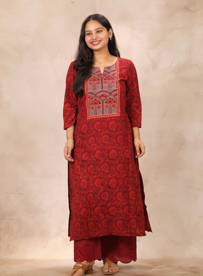Red & Black Ajrakh Pattern Hand Block Cotton printed Kurti | Looms & Tassels