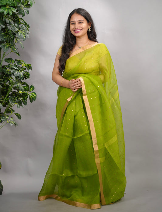 Parrot Green Handwoven Muslin Silk Saree With Sequence Work | Looms & Tassels