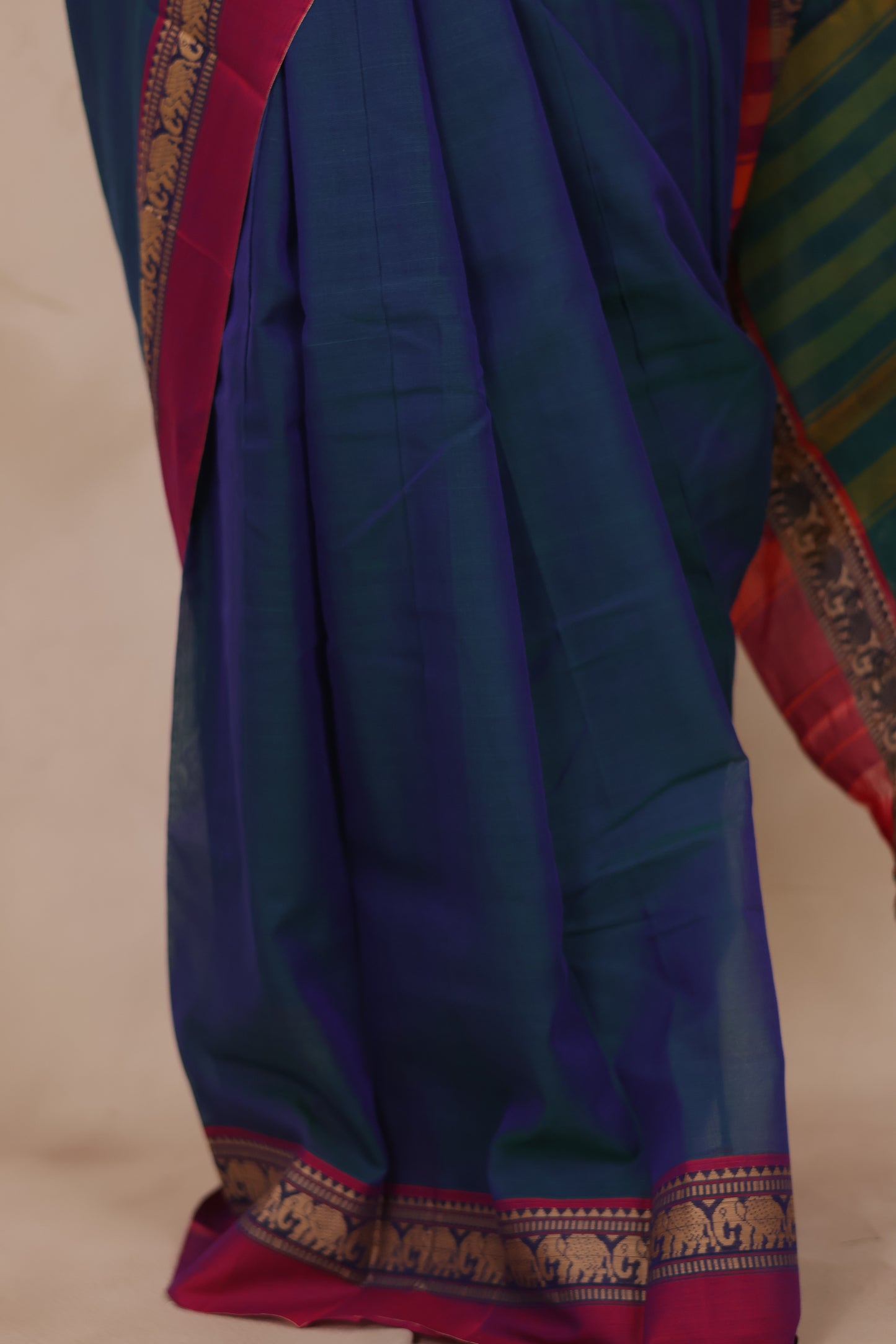 Peacock Blue Narayanpet Cotton Saree with Elephant Border | Looms & Tassels