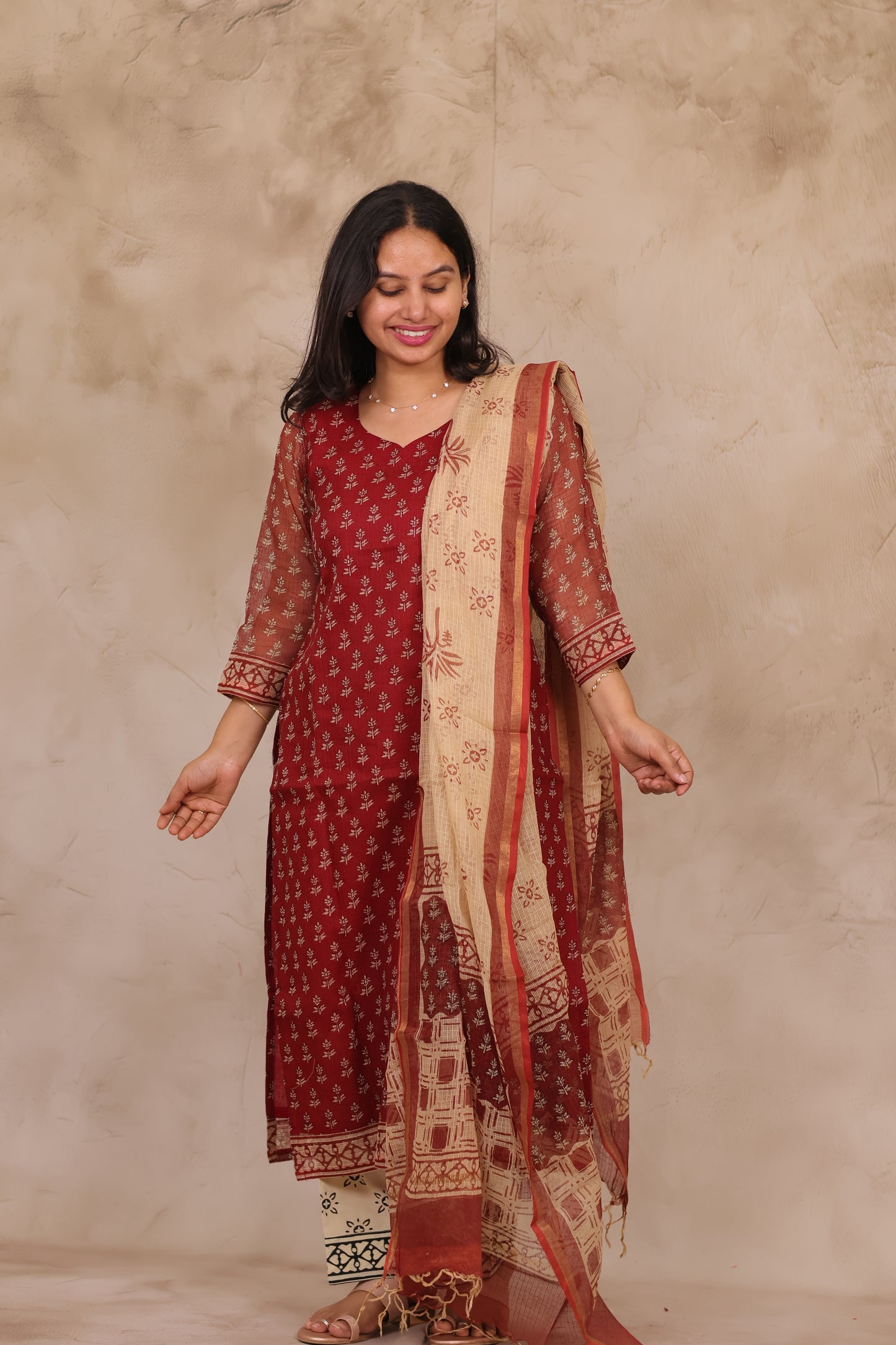 Maroon Handblock printed kota 3 piece suit (stitched)