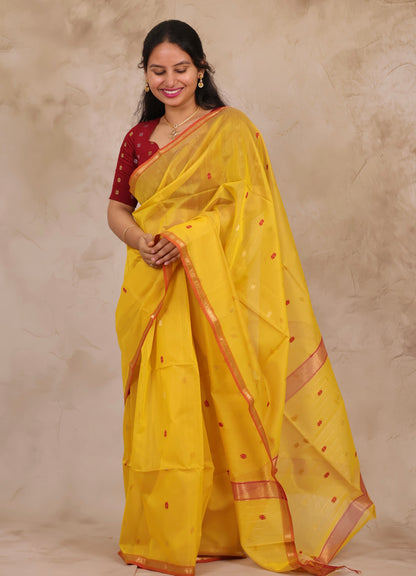 Yellow Handloom Maheswari Silk Cotton Sarees | Looms & Tassels