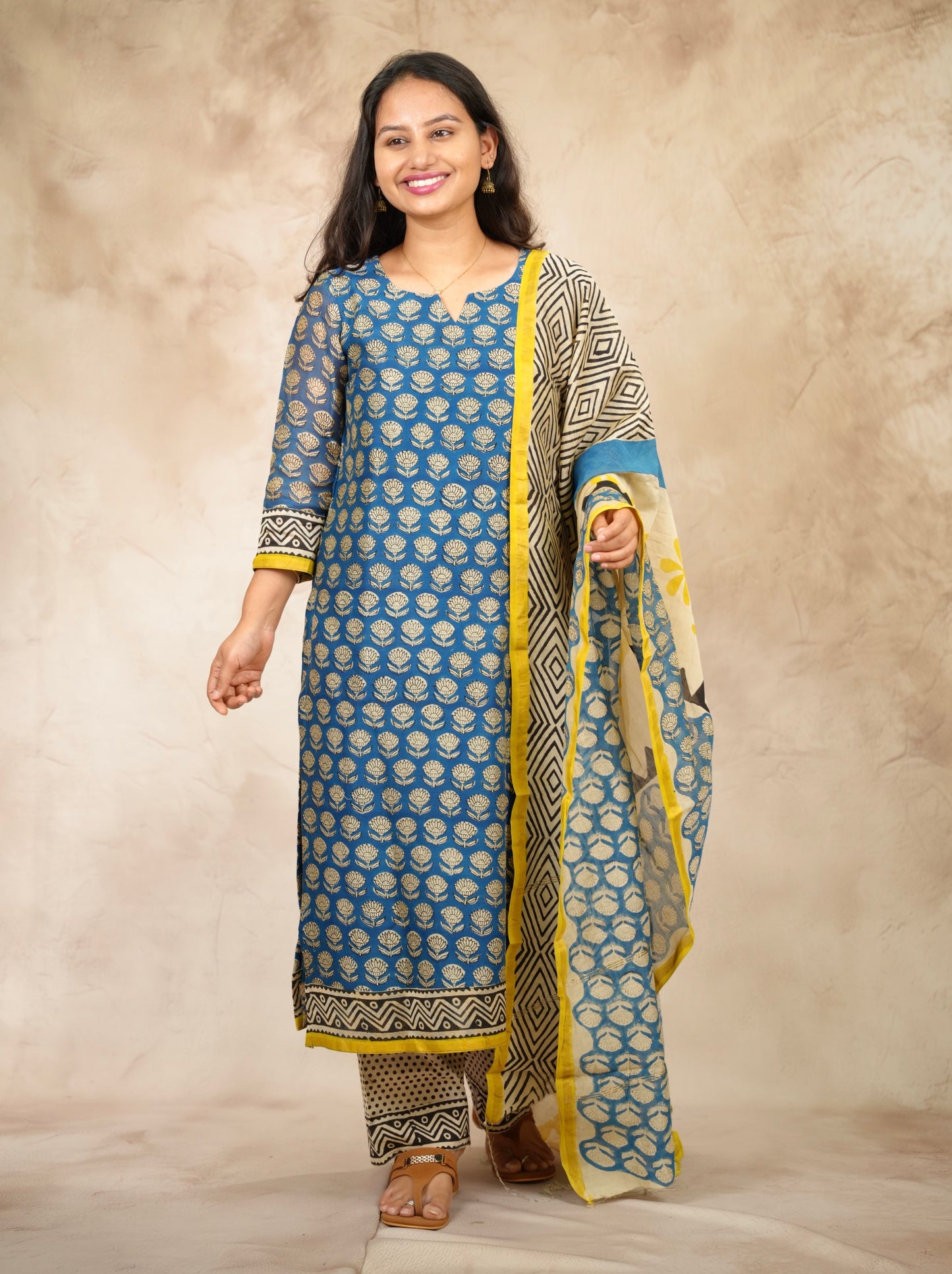 Blue Handblock printed Pure Chenderi Silk 3 piece suit (stitched) |  Looms & Tassels